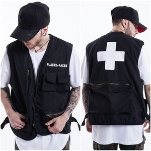 Places + Faces Men's Black Tactical Utility Streetwear Zip Up Vest Size Small